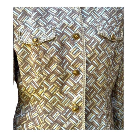 Adrianna Papell Silk Jacket & Skirt Set Geometric Print Size 8 Beige/Brown - Picture 2 of 13